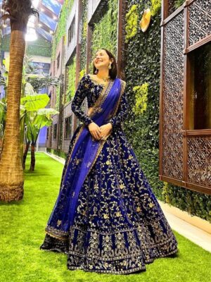 Bollywood Designer Lehenga choli Navy Blue Embroidered Party Wear 3 Piece Set