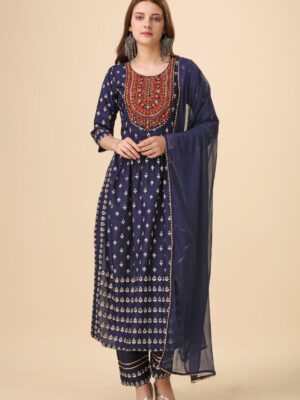 Occasional wear Rayon Naira Cut with Embroidery Work 3 Piece Set