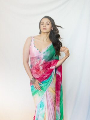 Alia Bhatt Bollywood Designer Saree On Faux Georgette Digital Print 