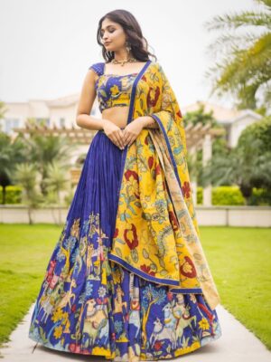 Floral Print Blue Lehenga Choli with Kamal Kari work 3 Piece Set