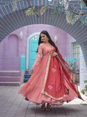 Faux Georgette Gown with Russian silk Dupatta With Adorable Embroidered thread work