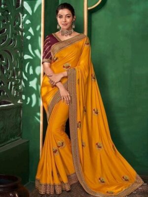 Kajal Aggarwal Bollywood Designer Saree with Blouse Embroidery Lace Work With latkan 