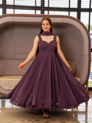 Mauve Solid Fox Georgette Suit with crochet Laces 3 Piece Set