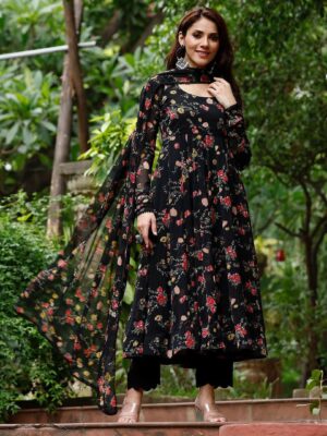 Black Floral Digital Print with Classic neckline and elegant Corset Lace 3 Piece Set