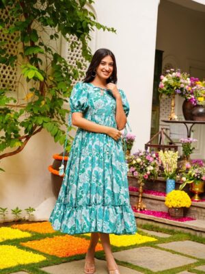 Festive Wear Silk Sea Green Floral Dress with Block Print 