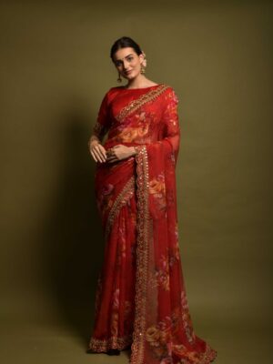 Saree With Blouse Georgette Chiffon with Flower Print with Foil work