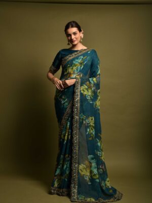 Saree With Blouse Georgette chiffon with flower print with foil work
