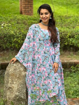 Pastel Blue Anarkali Suit With Block Print Floral Design 3 Piece Set