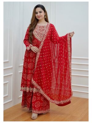 Red Sharara Set Festive Wear With Embroidery Mirror Work and Prints