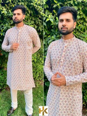 Premium Mens Wear Kurta Pant Schiffli Chikan work with Sequence & Print 2 Piece Set