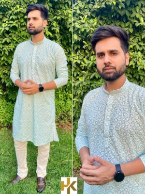 Premium Mens Wear Kurta Pant Schiffli Chikan work with Sequence & Print 2 Piece Set