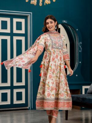 Classical Floral Block Print Lurex Cotton With Heavy Embroidery Kurti 3 Piece Set 