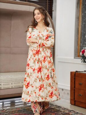 Gown Digital Floral Print Silk Fabric 3 Piece Set 
