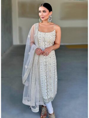 Indo Western Mirror Design Kurti Embroidery Sequence Work 3 Piece Set 