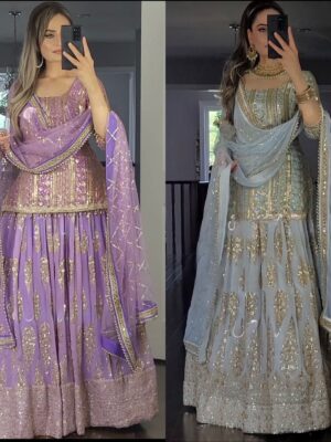 Bollywood Designer Sharara Pattern Lehenga Embroidery Sequence Work 3 Piece Set 