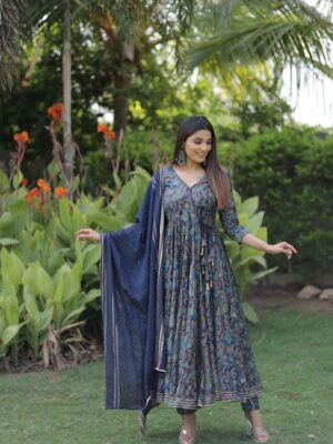 Gown Set Digital Print Work Gown Pant and Dupatta 3 Piece Sets 