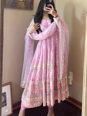 Bollywood Designer Gown Faux Georgette With Heavy Embroidery Sequence Work 3 Piece Set