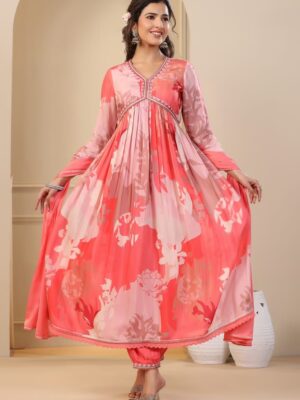 Navratari Alia Cut Kurti Set Digital Shine Print and Embroidery work 3 Piece Set