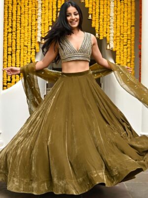 Velvet Lehenga Choli with Embroidery Sequence work 3 Piece Set