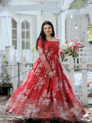 Designer Gown luxury Faux Georgette Floral printed With Zari Thread & Sequins Embroidery.